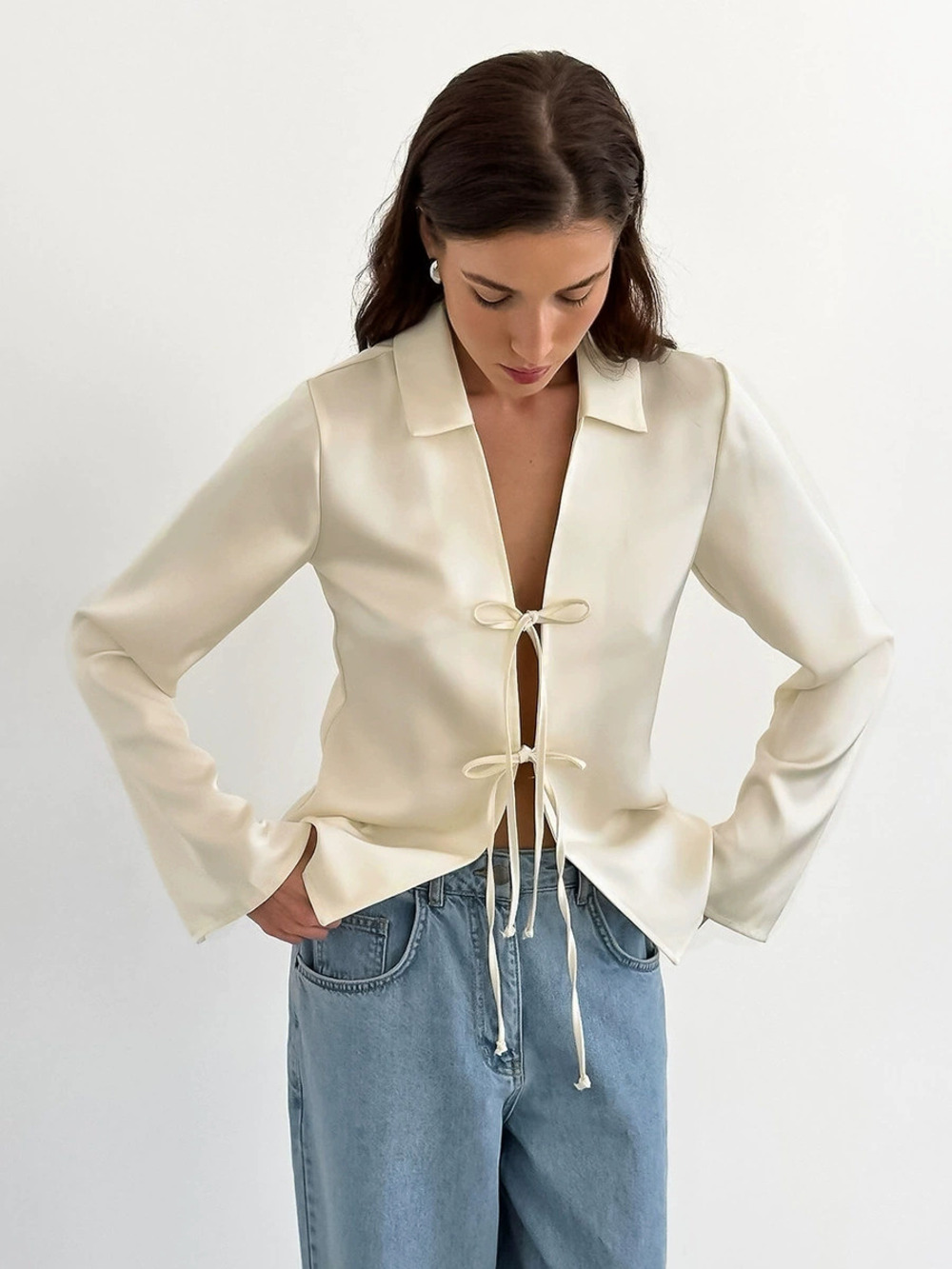 Forever 21 Faux Acetate Satin Tie Front Blouse Loose Fit Apricot Fall